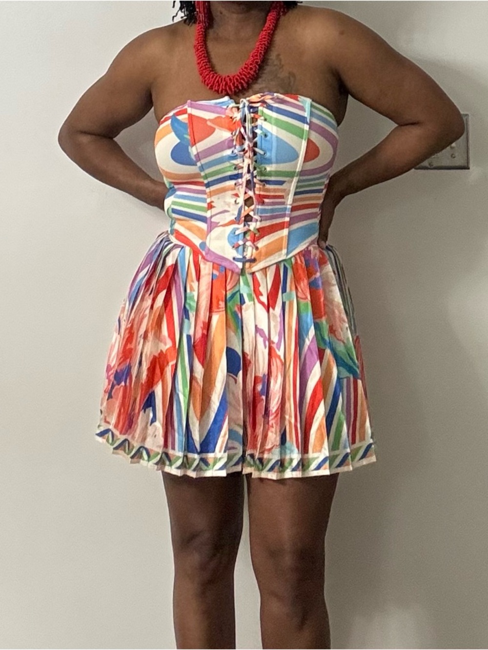 Colorful Abstract Print Strapless Corset Dress
